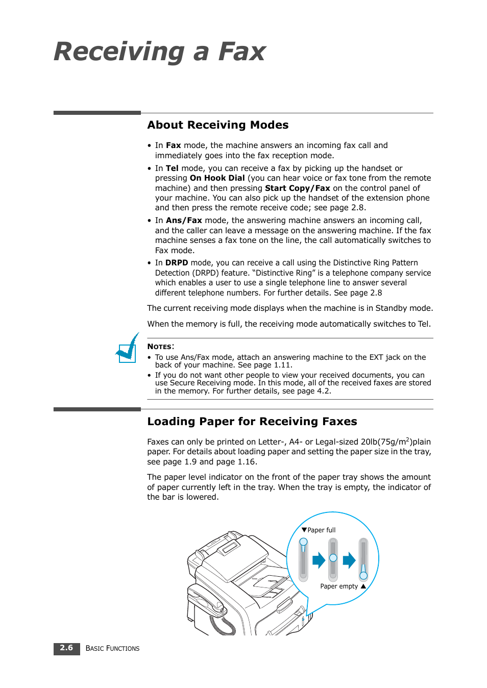 About receiving modes, Loading paper for receiving faxes, Receiving a fax | Samsung SF-560 User Manual | Page 41 / 98