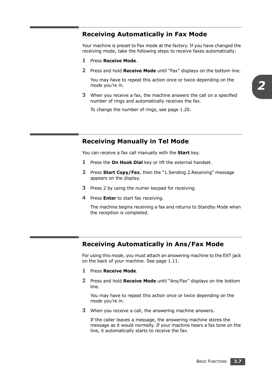 Receiving automatically in fax mode, Receiving manually in tel mode, Receiving automatically in ans/fax mode | Samsung SF-560 User Manual | Page 42 / 98