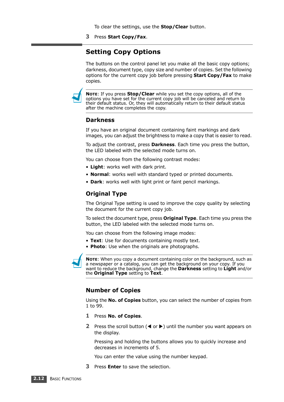 Setting copy options, Darkness, Original type | Number of copies | Samsung SF-560 User Manual | Page 47 / 98