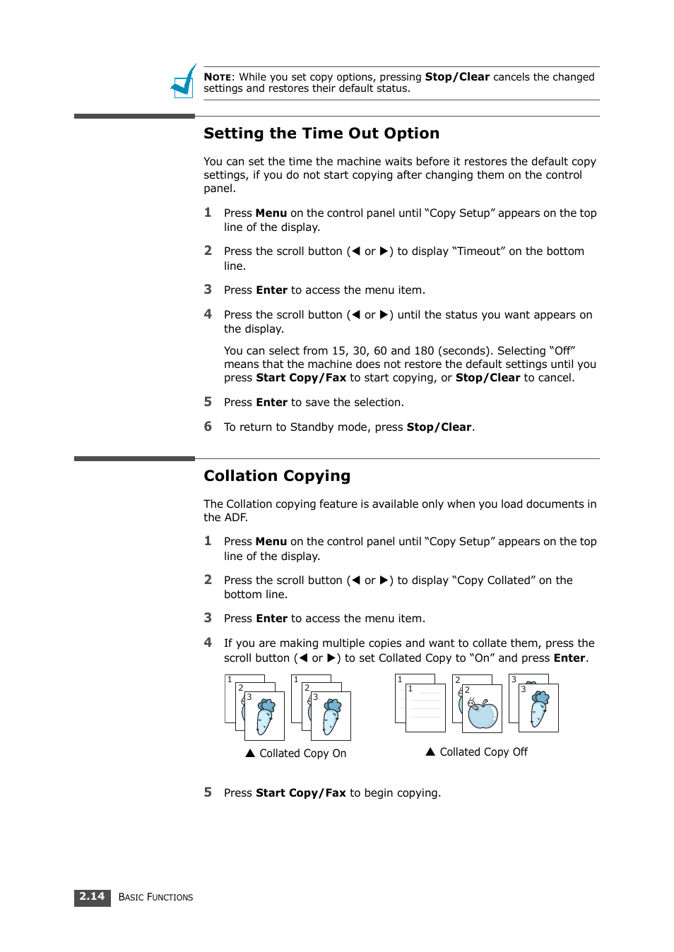 Setting the time out option, Collation copying, Setting the time out option collation copying | Samsung SF-560 User Manual | Page 49 / 98