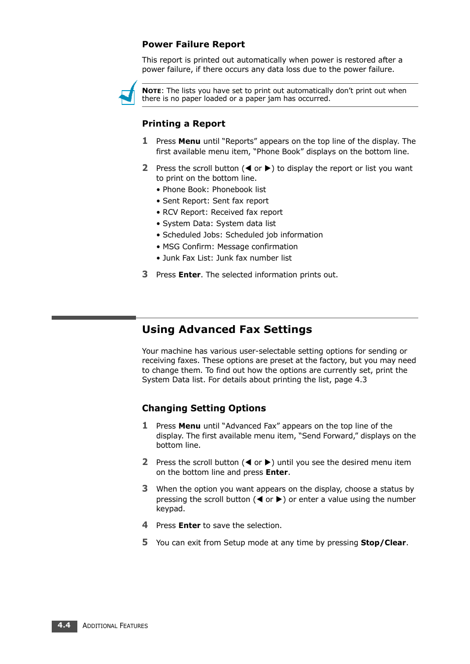 Using advanced fax settings, Changing setting options | Samsung SF-560 User Manual | Page 65 / 98
