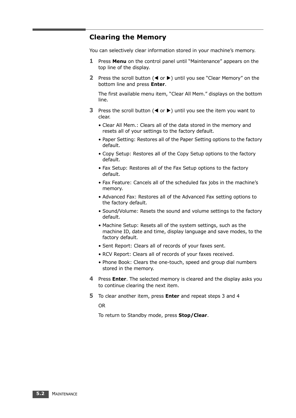 Clearing the memory | Samsung SF-560 User Manual | Page 69 / 98