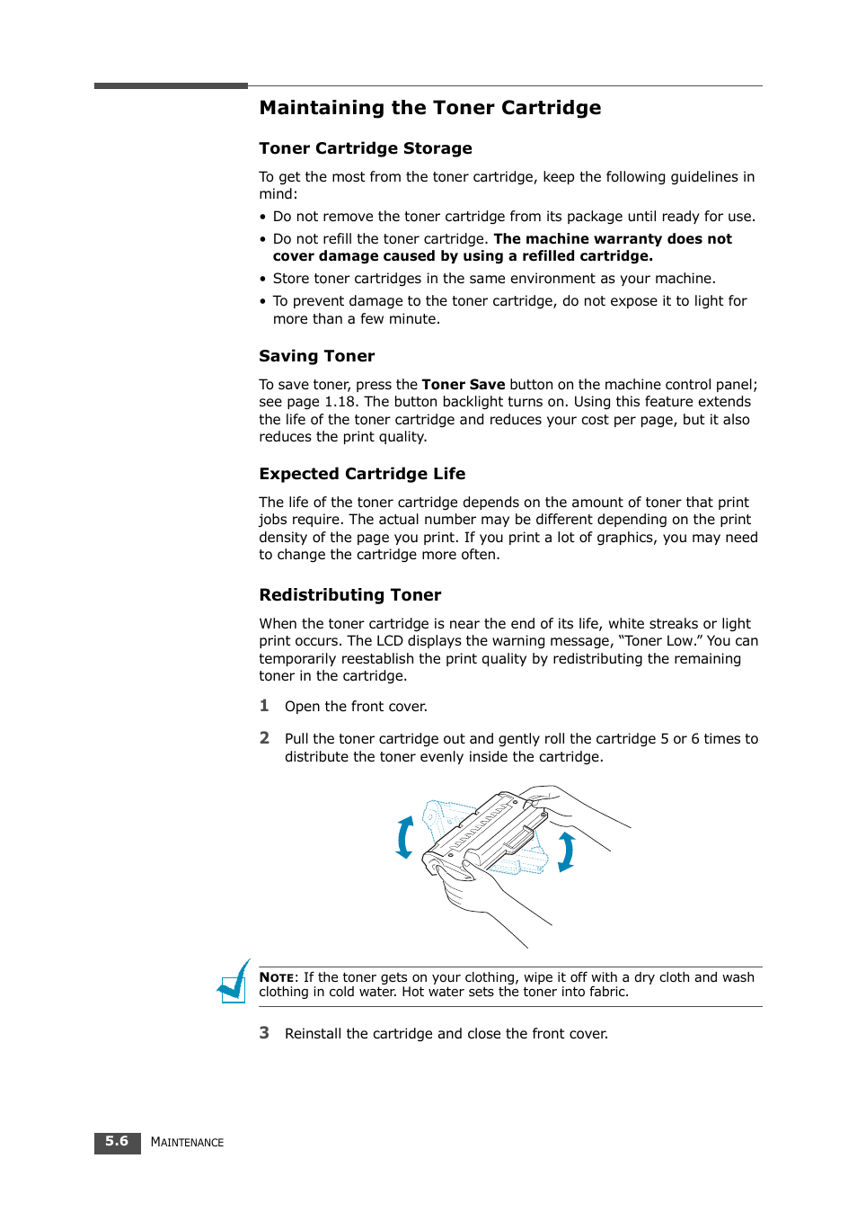 Maintaining the toner cartridge, Redistributing toner | Samsung SF-560 User Manual | Page 73 / 98