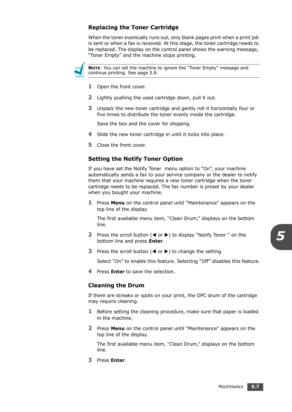 Replacing the toner cartridge, Setting the notify toner option, Cleaning the drum | Samsung SF-560 User Manual | Page 74 / 98