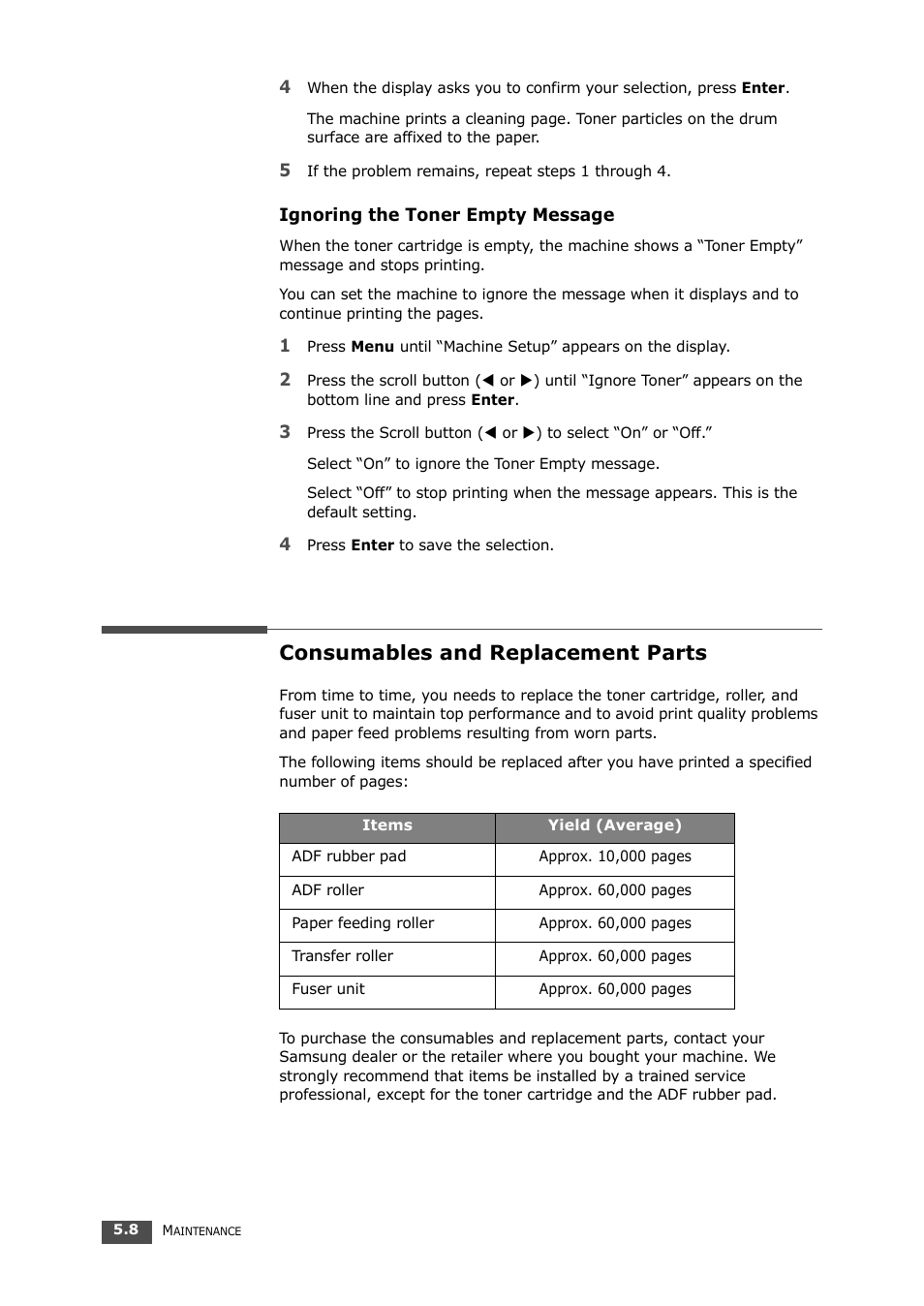 Ignoring the toner empty message, Consumables and replacement parts | Samsung SF-560 User Manual | Page 75 / 98