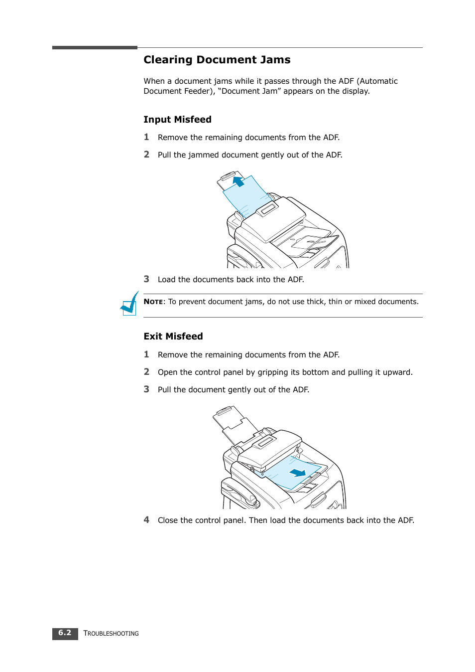 Clearing document jams, Input misfeed, Exit misfeed | Samsung SF-560 User Manual | Page 79 / 98