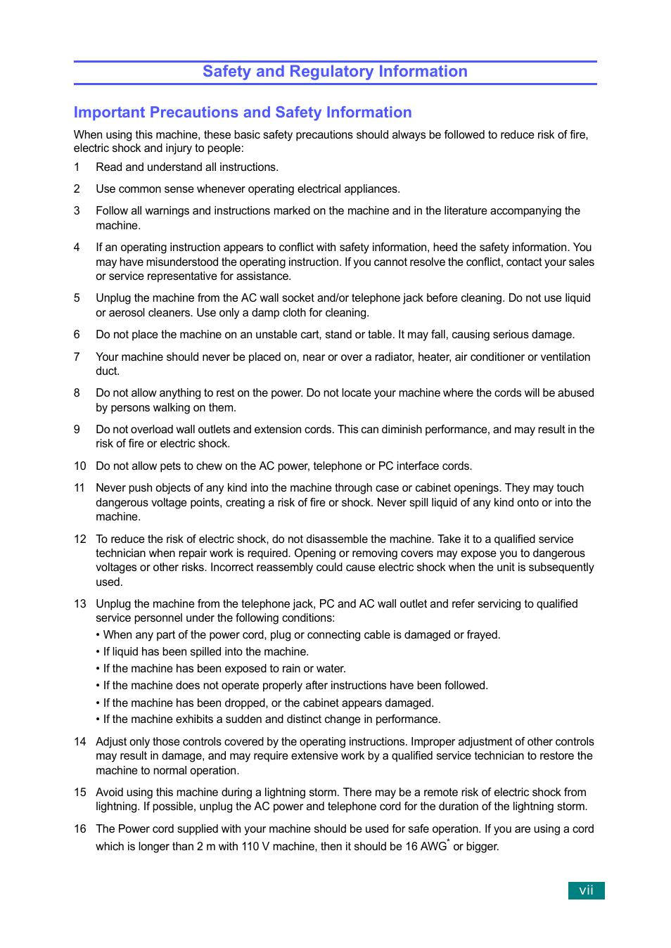 Safety and regulatory information, Important precautions and safety information | Samsung SF-560 User Manual | Page 8 / 98