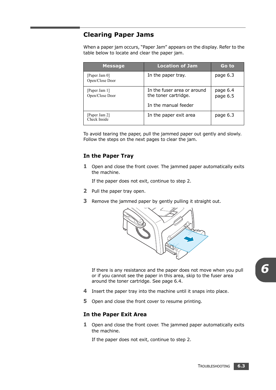 Clearing paper jams, In the paper tray, In the paper exit area | Samsung SF-560 User Manual | Page 80 / 98
