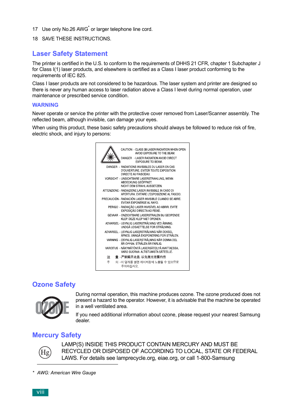 Laser safety statement, Ozone safety, Mercury safety | Samsung SF-560 User Manual | Page 9 / 98