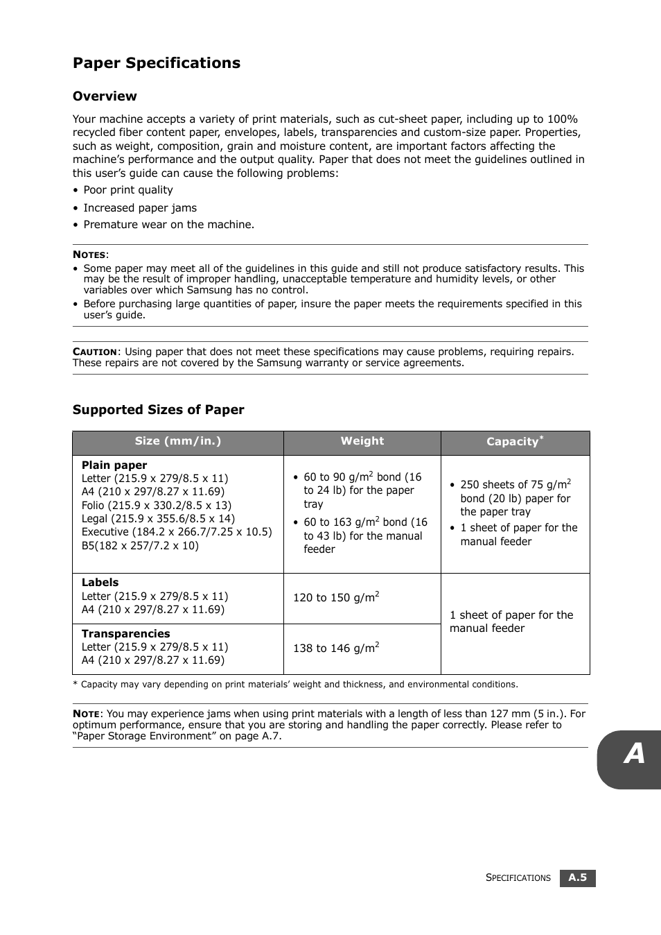 Paper specifications, Overview, Supported sizes of paper | See “paper specifications” on | Samsung SF-560 User Manual | Page 92 / 98