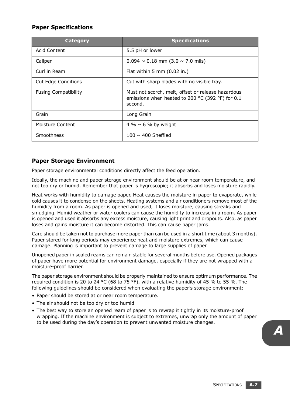 Paper specifications, Paper storage environment | Samsung SF-560 User Manual | Page 94 / 98
