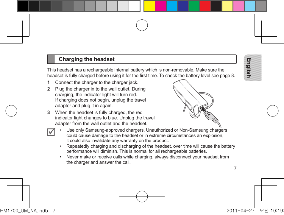 Charging the headset | Samsung GH68-34355F User Manual | Page 10 / 84