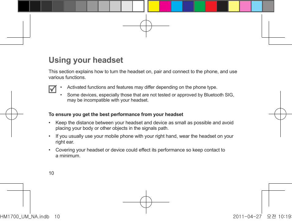 Using your headset | Samsung GH68-34355F User Manual | Page 13 / 84