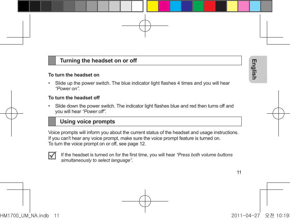 Turning the headset on or off, Using voice prompts, Turning the headset on or off using voice prompts | Samsung GH68-34355F User Manual | Page 14 / 84
