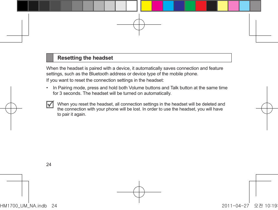 Resetting the headset | Samsung GH68-34355F User Manual | Page 27 / 84