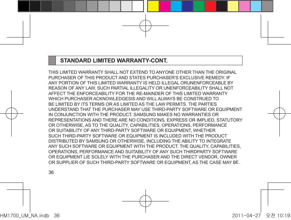 Standard limited warranty-cont | Samsung GH68-34355F User Manual | Page 39 / 84