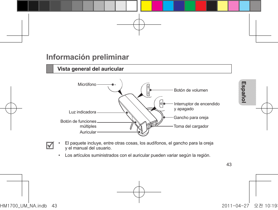 Información preliminar, Vista general del auricular | Samsung GH68-34355F User Manual | Page 46 / 84