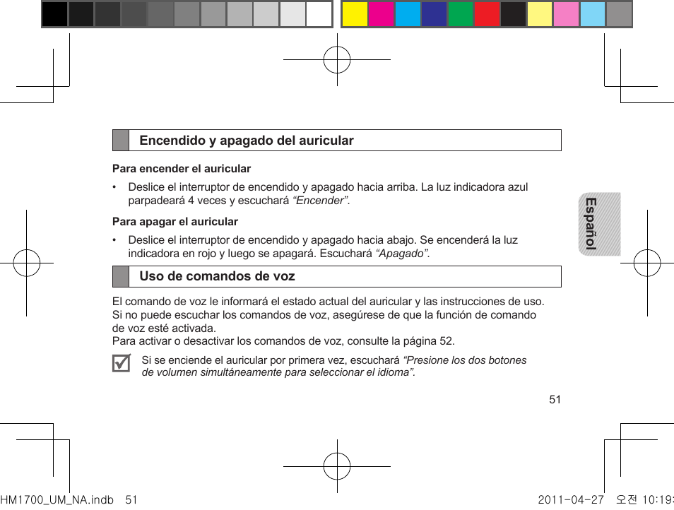 Encendido y apagado del auricular, Uso de comandos de voz | Samsung GH68-34355F User Manual | Page 54 / 84