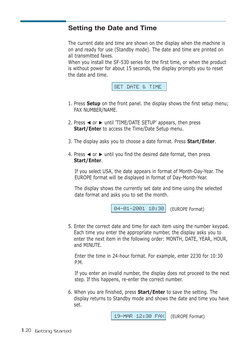 Setting the date and time | Samsung SF-530 Series User Manual | Page 31 / 167