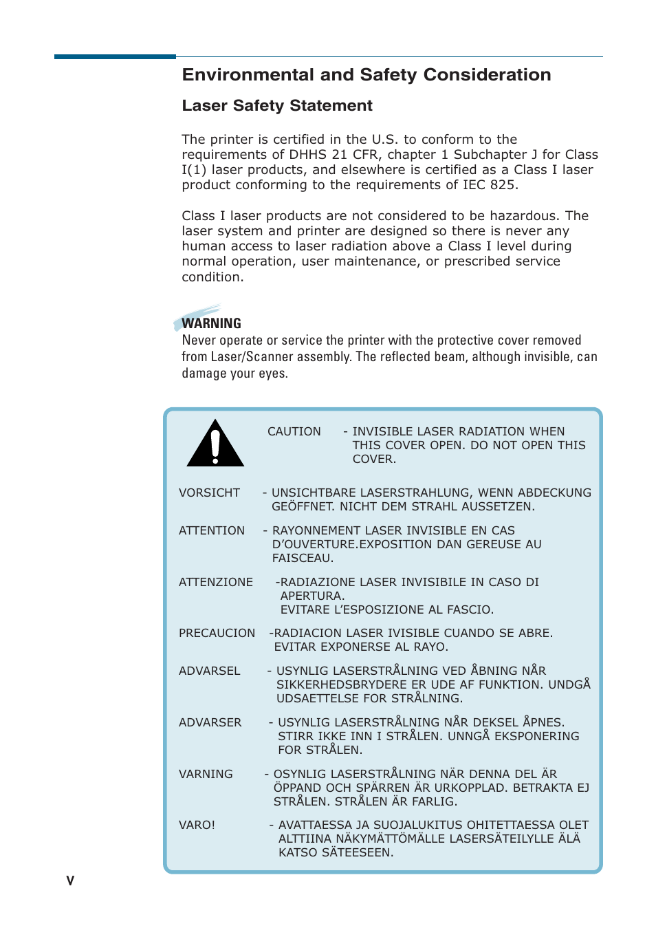 Environmental and safety consideration, Laser safety statement | Samsung SF-530 Series User Manual | Page 7 / 167