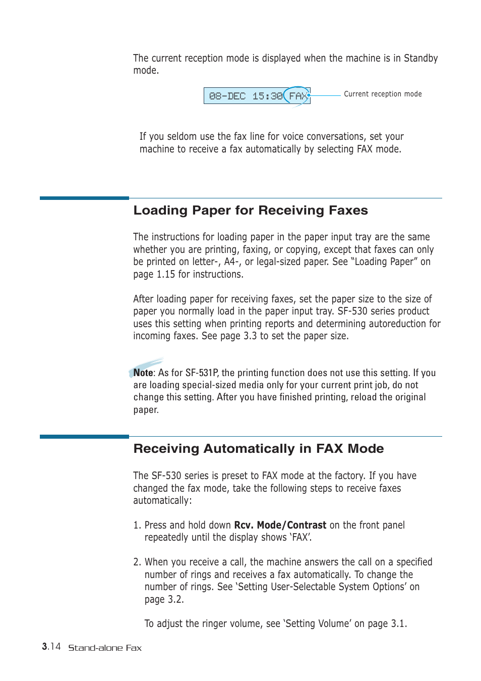 Loading paper for receiving faxes, Receiving automatically in fax mode | Samsung SF-530 Series User Manual | Page 71 / 167