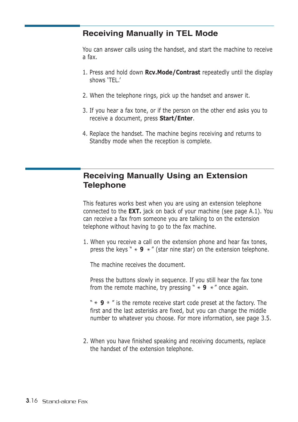 Receiving manually in tel mode, Receiving manually using an extension telephone | Samsung SF-530 Series User Manual | Page 73 / 167