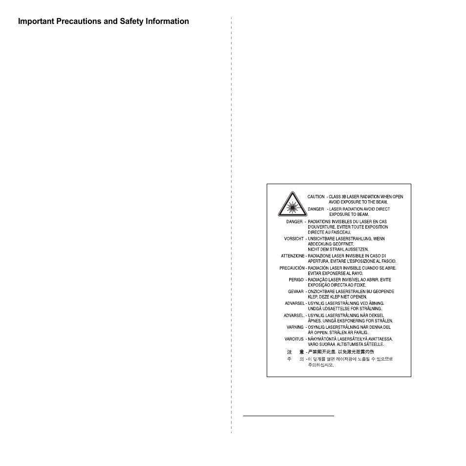 Important precautions and safety information, Laser safety statement | Samsung CLP-300 Series User Manual | Page 6 / 90