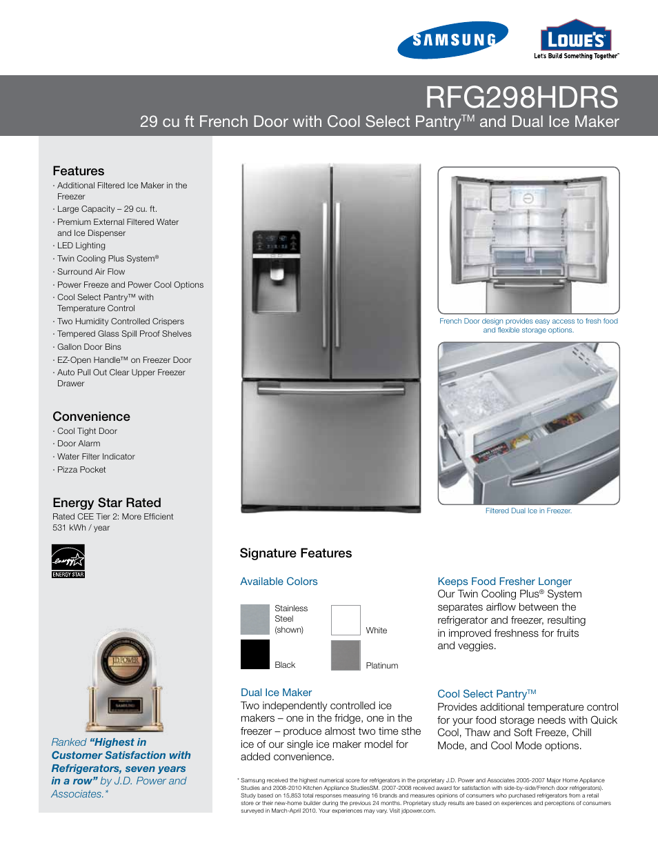 Samsung LOWES RFG298HDRS User Manual | 2 pages