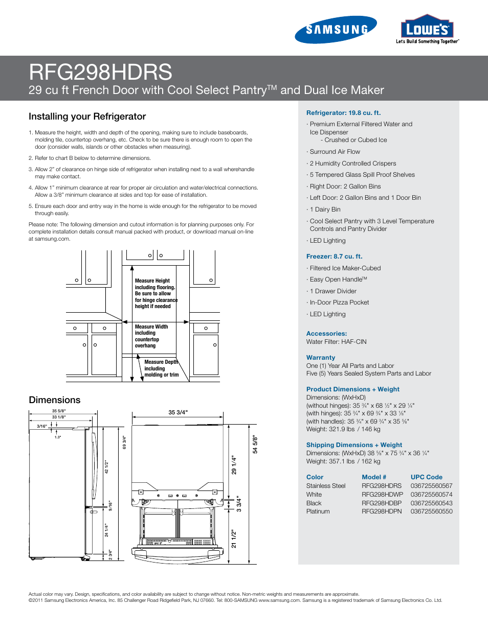 Rfg298hdrs, 29 cu ft french door with cool select pantry, And dual ice maker | Dimensions installing your refrigerator | Samsung LOWES RFG298HDRS User Manual | Page 2 / 2