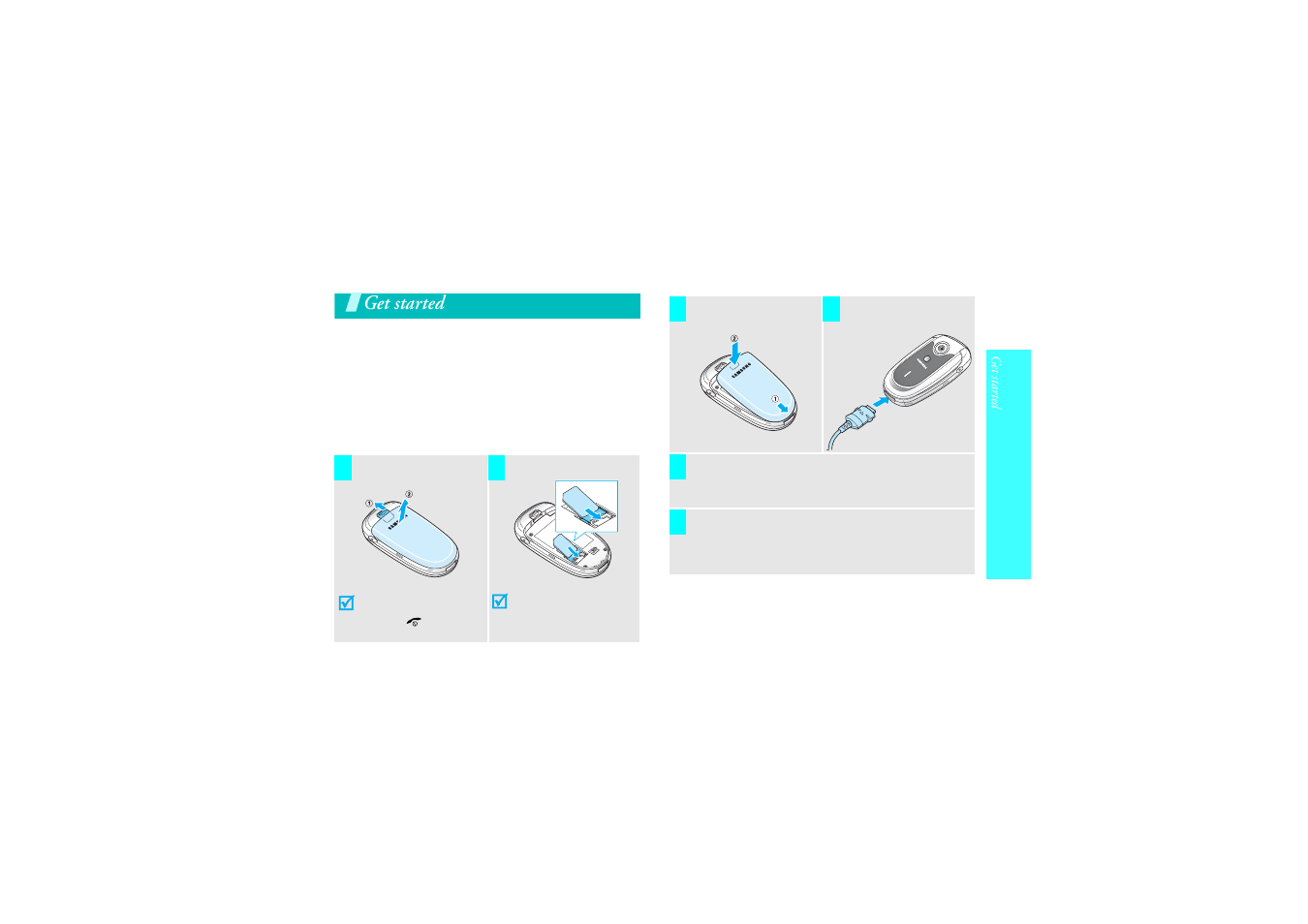 Get started, Install and charge the phone, First steps to operate your phone | Samsung SGH-X640 User Manual | Page 10 / 73
