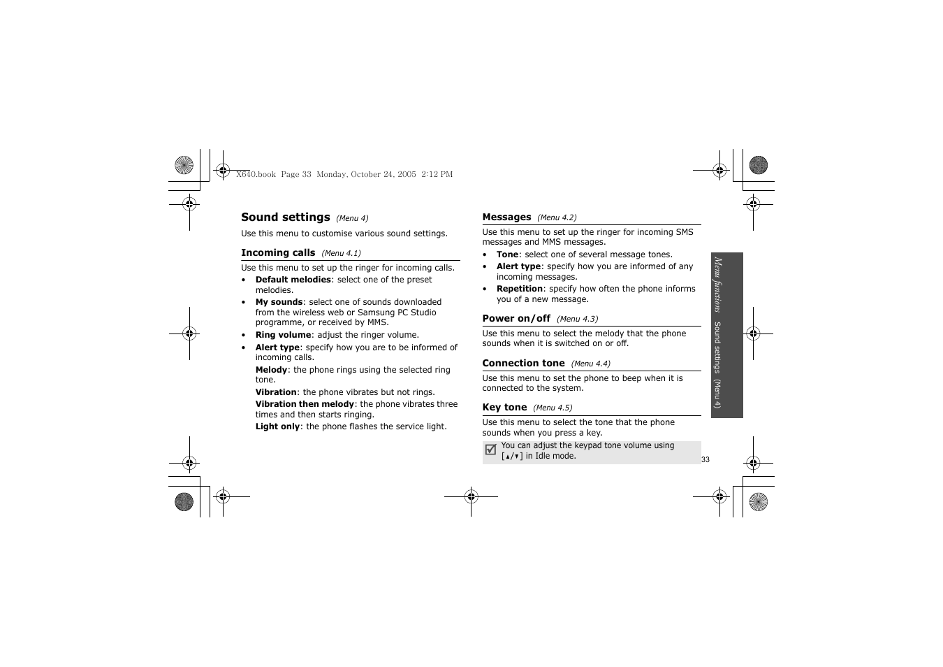 Sound settings (menu 4), Incoming calls (menu 4.1), Messages (menu 4.2) | Power on/off (menu 4.3), Connection tone (menu 4.4), Key tone (menu 4.5), P.33, P. 33 | Samsung SGH-X640 User Manual | Page 36 / 73