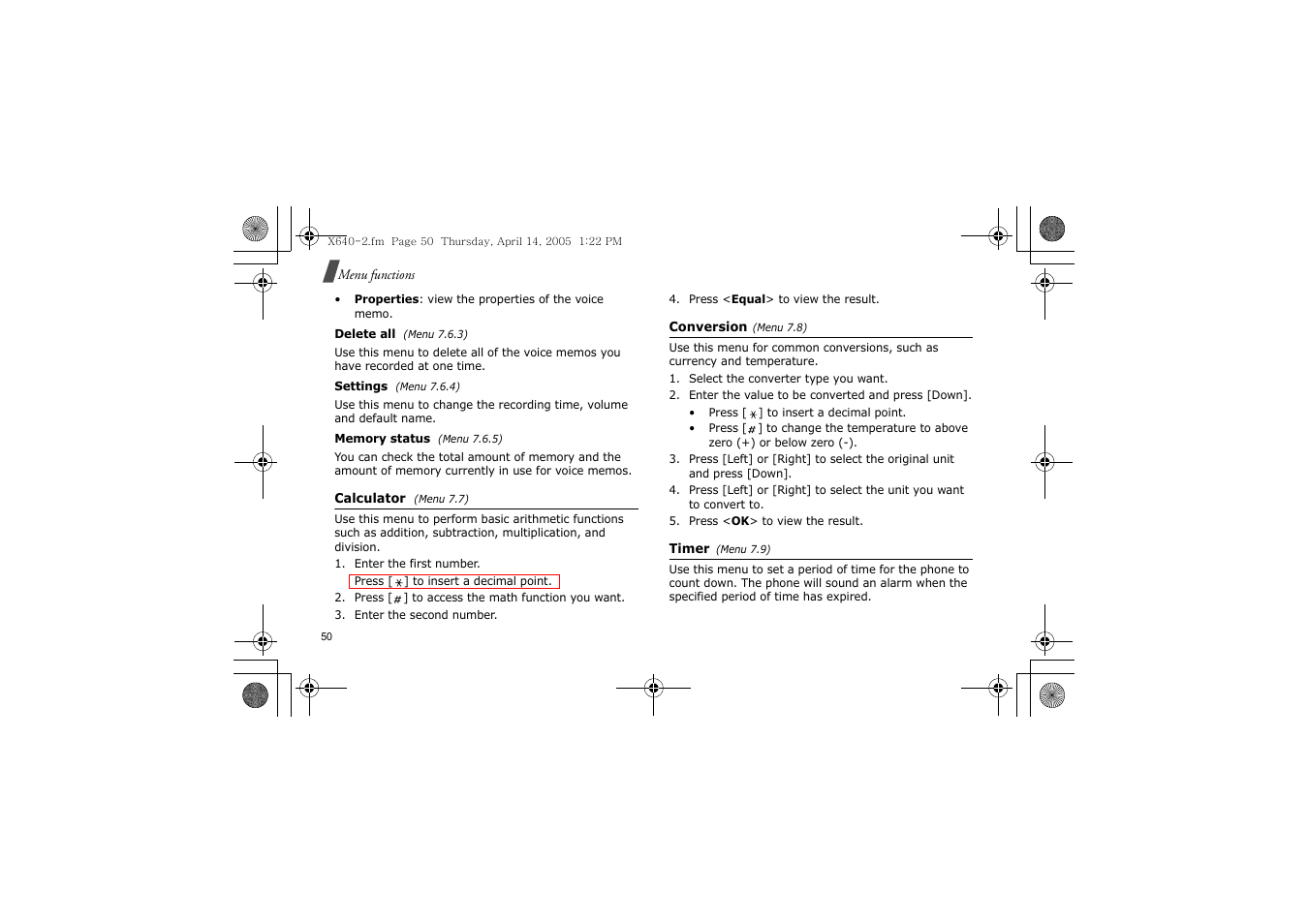 Calculator (menu 7.7), Conversion (menu 7.8), Timer (menu 7.9) | P.50 | Samsung SGH-X640 User Manual | Page 53 / 73