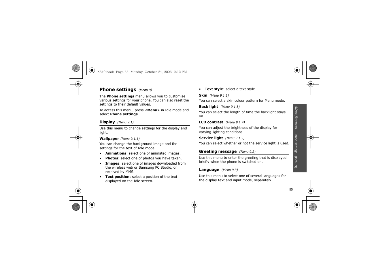 Phone settings (menu 9), Display (menu 9.1), Greeting message (menu 9.2) | Language (menu 9.3), P.55 | Samsung SGH-X640 User Manual | Page 58 / 73