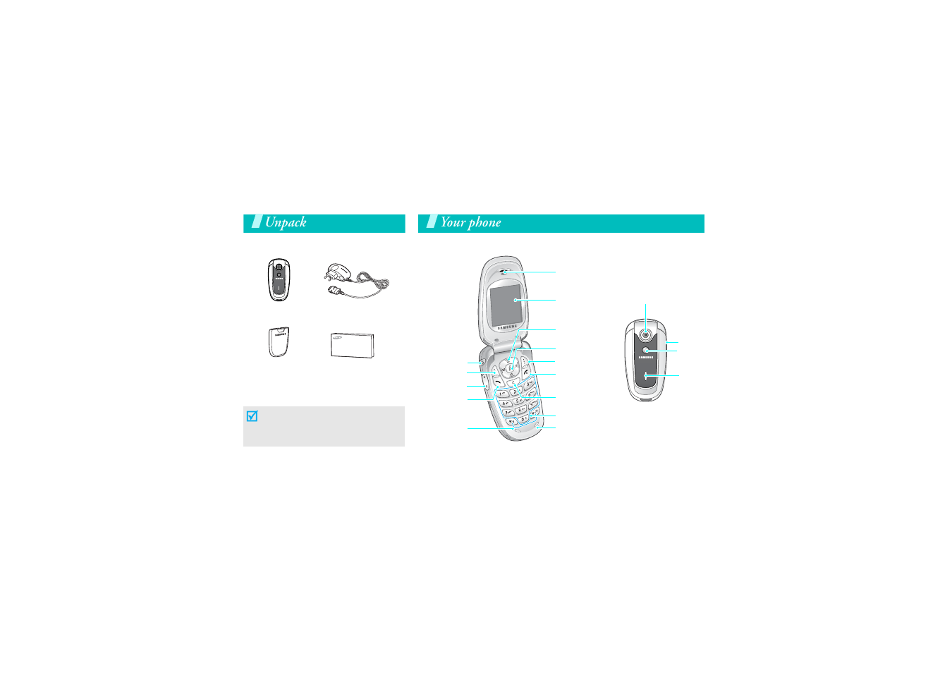 Unpack, Your phone, Make sure you have each item | Buttons, features, and locations | Samsung SGH-X640 User Manual | Page 9 / 73