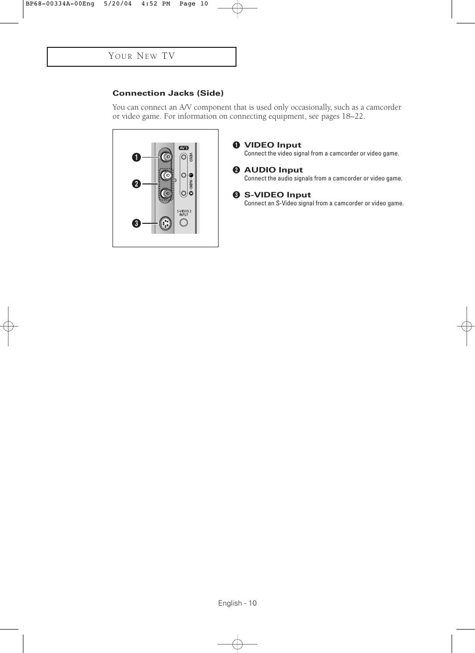 Connection jacks (side) | Samsung HC-P5256W User Manual | Page 10 / 79