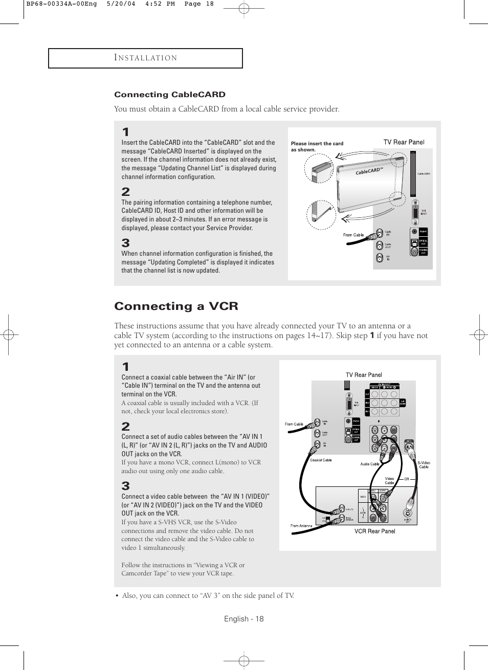 Connecting cablecard, Connecting a vcr | Samsung HC-P5256W User Manual | Page 18 / 79