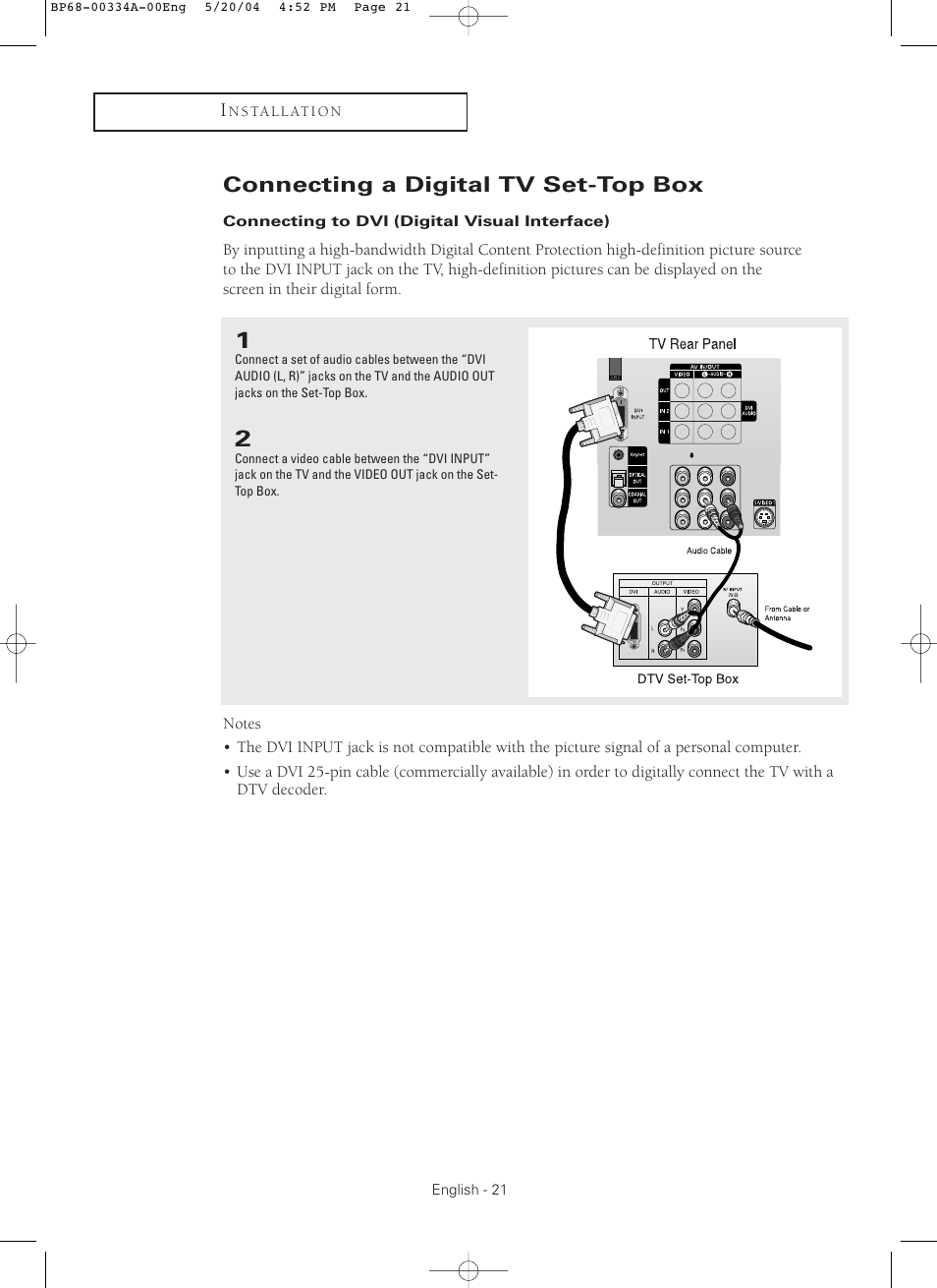 Connecting a digital tv set-top box | Samsung HC-P5256W User Manual | Page 21 / 79