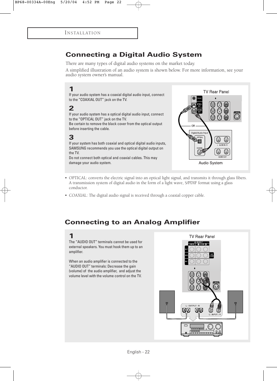 Connecting a digital audio system, Connecting to an analog amplifier | Samsung HC-P5256W User Manual | Page 22 / 79