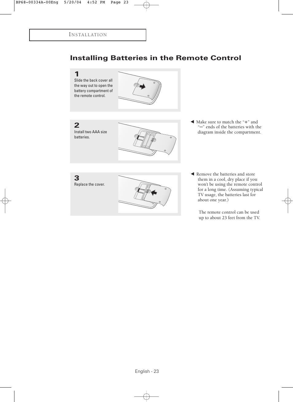 Installing batteries in the remote control | Samsung HC-P5256W User Manual | Page 23 / 79