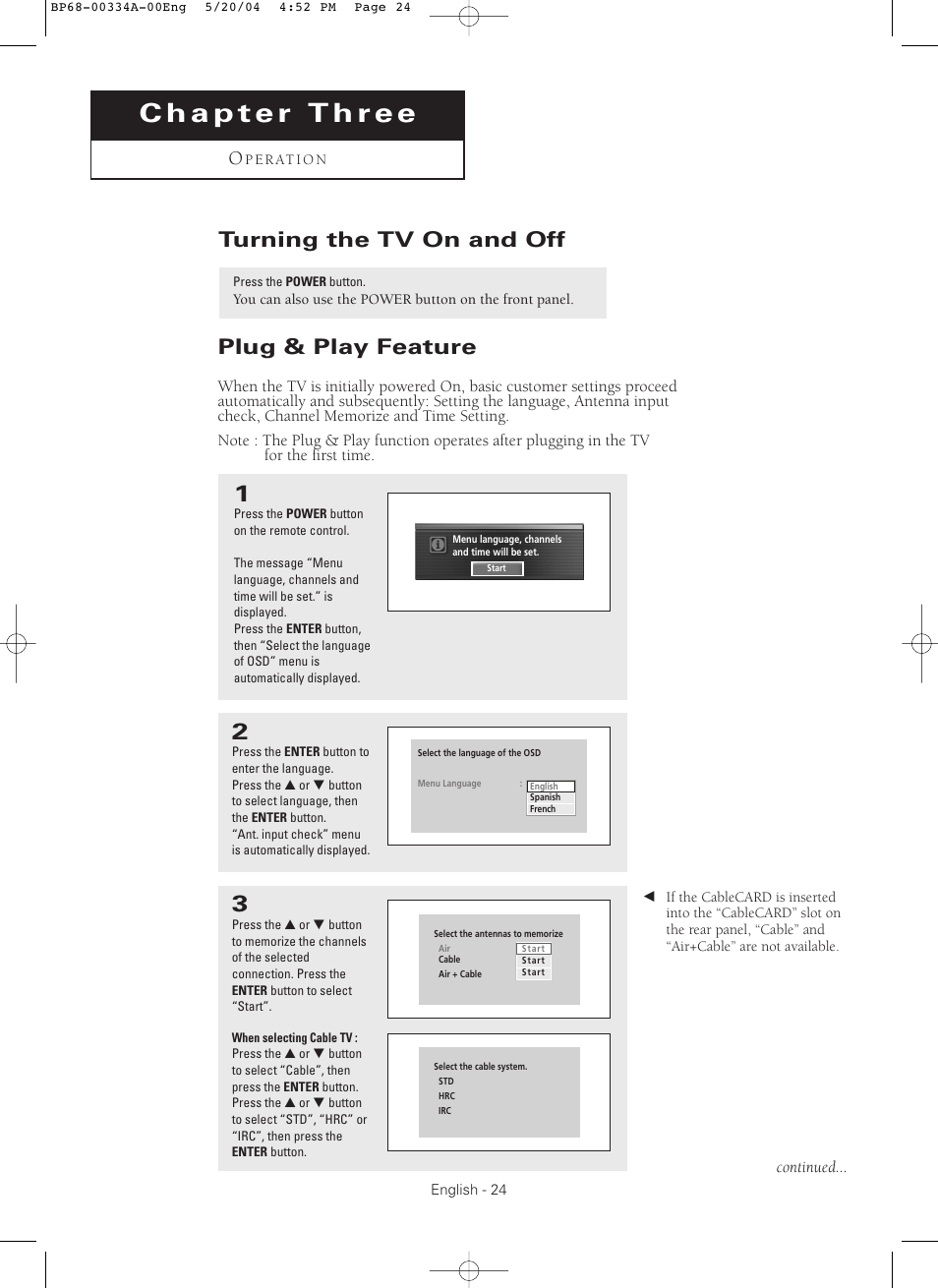 Turning the tv on and off, Plug & play feature | Samsung HC-P5256W User Manual | Page 24 / 79