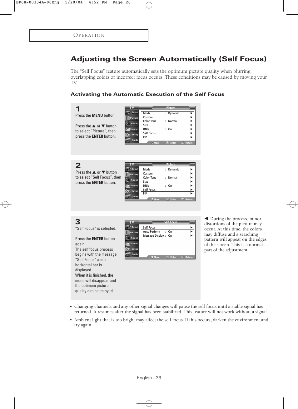 Adjusting the screen automatically (self focus) | Samsung HC-P5256W User Manual | Page 26 / 79