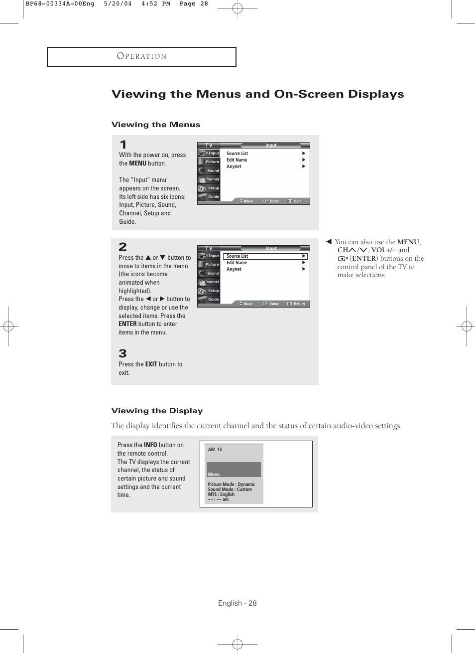 Viewing the menus and on-screen displays | Samsung HC-P5256W User Manual | Page 28 / 79