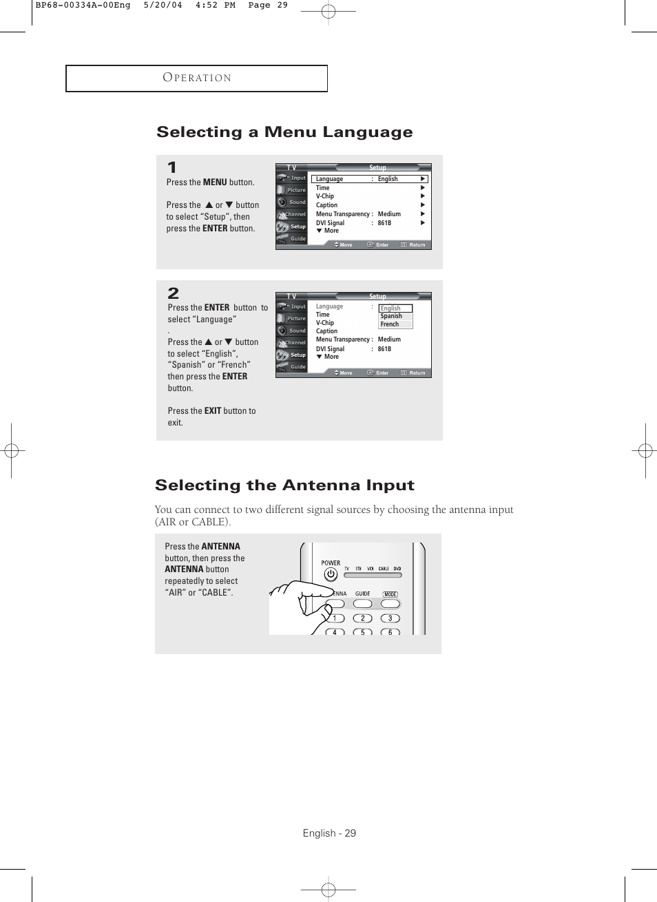 Selecting a menu language, Selecting the antenna input | Samsung HC-P5256W User Manual | Page 29 / 79