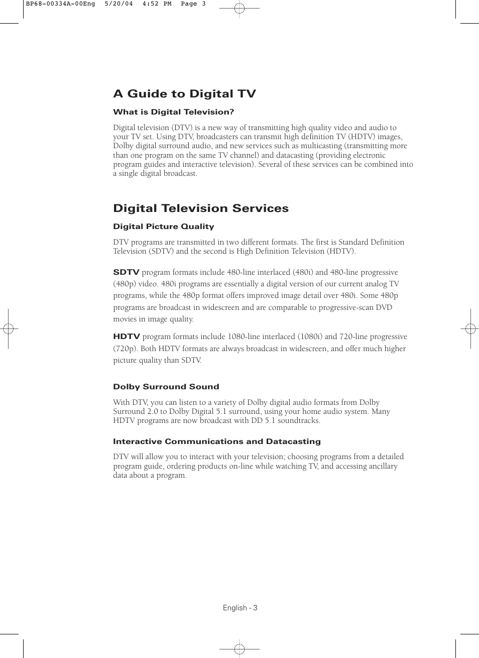 A guide to digital tv, Digital television services | Samsung HC-P5256W User Manual | Page 3 / 79