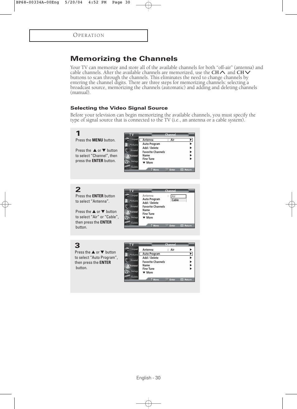 Memorizing the channels | Samsung HC-P5256W User Manual | Page 30 / 79