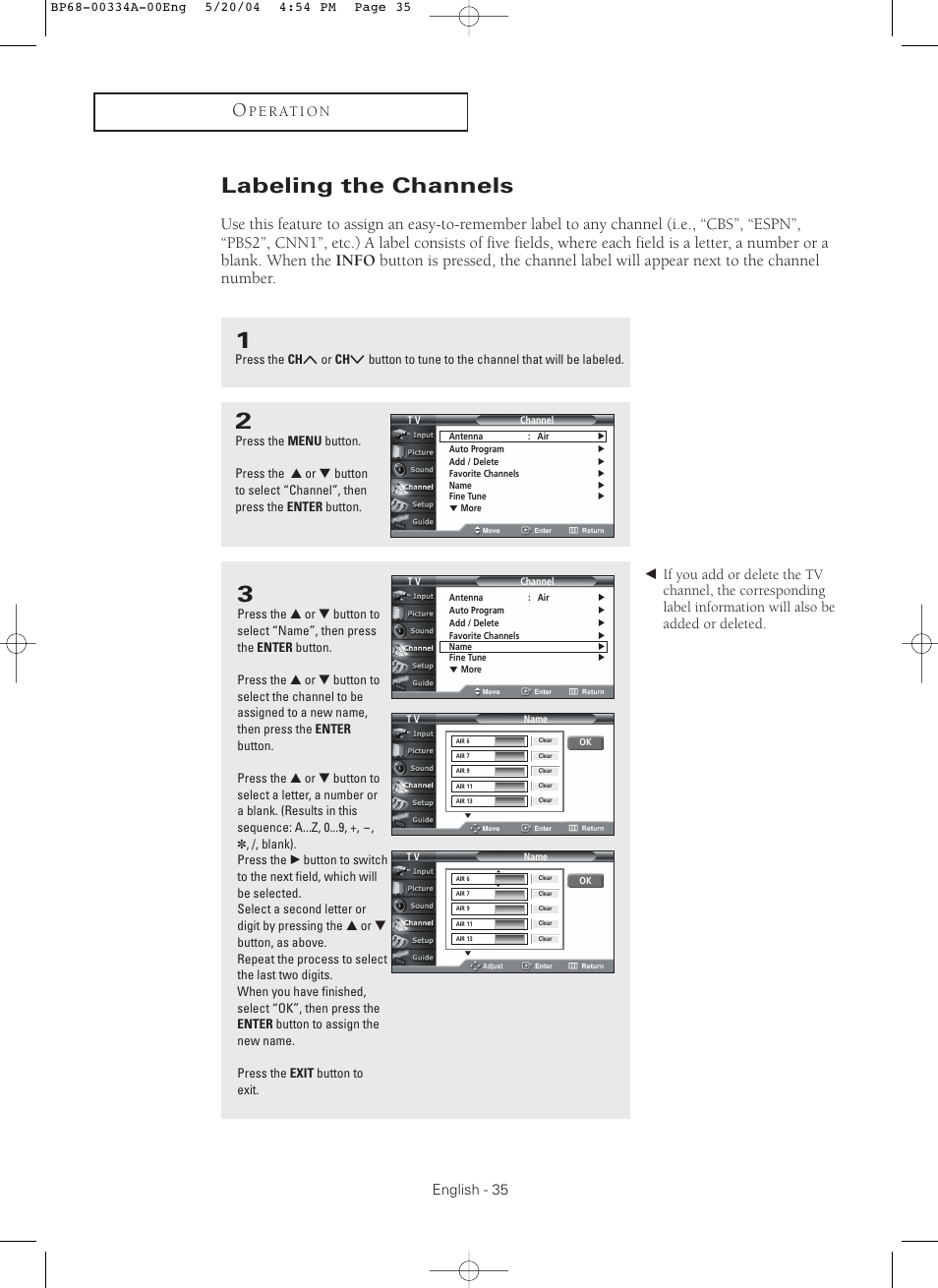 Labeling the channels, English - 35, P e r at i o n | Samsung HC-P5256W User Manual | Page 35 / 79