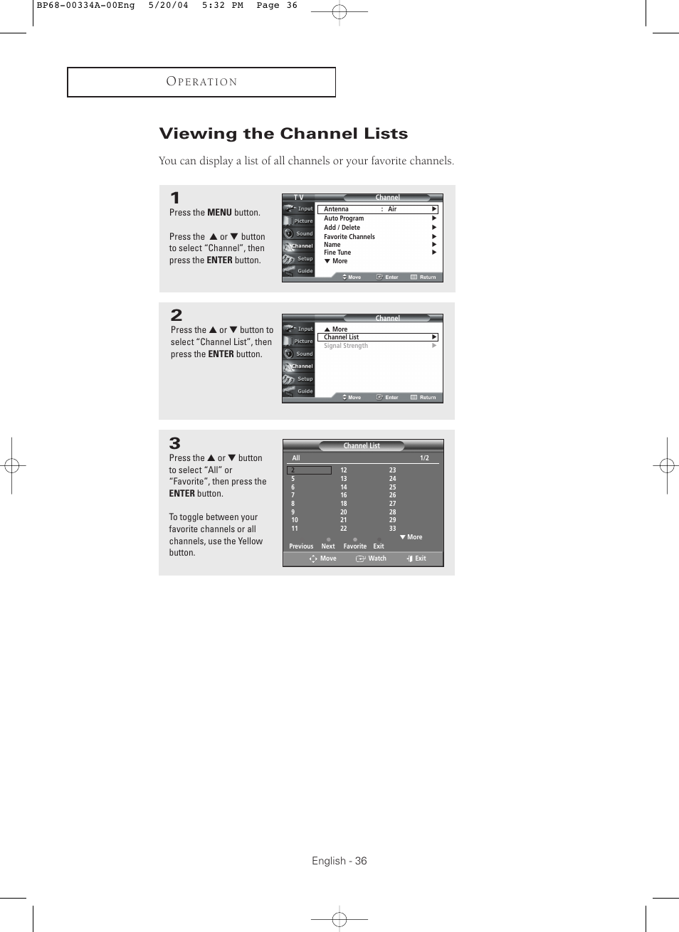 Viewing the channel lists | Samsung HC-P5256W User Manual | Page 36 / 79