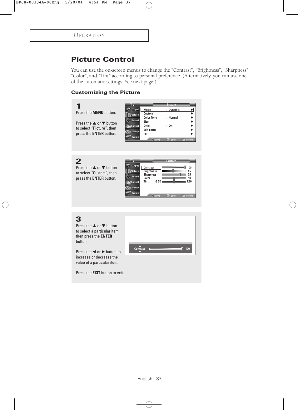Picture control | Samsung HC-P5256W User Manual | Page 37 / 79