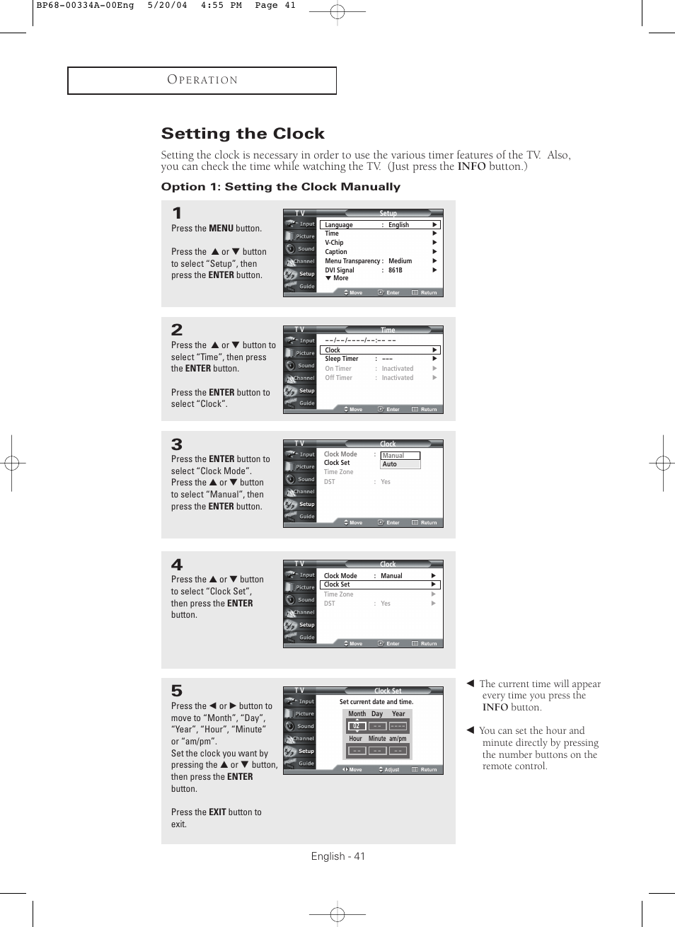 Setting the clock | Samsung HC-P5256W User Manual | Page 41 / 79