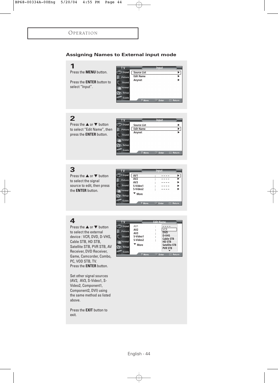 English - 44, P e r at i o n, Assigning names to external input mode | Samsung HC-P5256W User Manual | Page 44 / 79